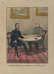 Överlämnande av genl. Lee, på Appomattox C.H. Va. 9 april. 1865 (färglitografi)