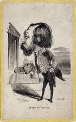 Porträttladdning av Alfred de Musset (1810-1857), fransk poet och dramatiker. Tecknad av Gaspard Felix Tournachon dit Felix Nadar (1820-1910).