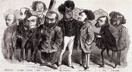 Porträtt av författarna Paul de Kock (1793-1871), Emile Augier (1820-1889), Eugene Scribe (1791-1861), Felix Nadar, Alphonse Karr (1808-1890), Alexandre Dumas pere (1802-1870) och Alexandre Dumas Jr. (1824-1895), Joseph Mery (1798-1866) och Leon Gozan (180
