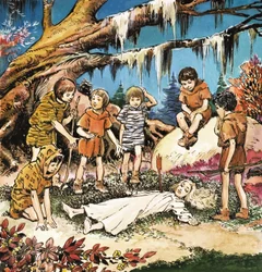 De förlorade pojkarnas omsorg om den skadade Wendy, illustration från "Peter Pan" av J.M. Barrie (gouache på papper)