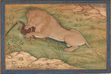 Jaktens faror, ett lejon kastar sig över en jägare, ca 1615 (ogenomskinlig wc på silke)