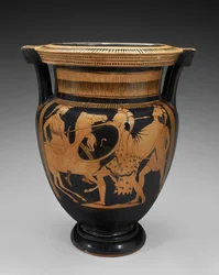 Terracotta Column Krater med röd figur med stridsplats, 460-450 f.Kr. (terrakotta)