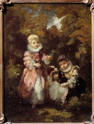 Barn och hundar Målning av Narcissus Diaz de la Pena (1807-1876) (ec. de Barbizon) Sön. 0,32x0,24 m
