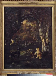 Hundar i skogen Målning av Narcissus Diaz de la Pena