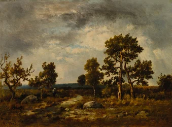 Stig nära huggormsdammen, Fontainebleau-skogen, ca. 1860-talet (olja på träpanel)