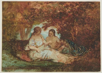 Skogsscen, ca 1830-50 (penna, bläck, akvarell och olja på papper)