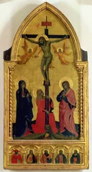 Korsfästelsen med sörjande och den heliga Maria Magdalena, predellapanelen som föreställer SS. Hieronymus, Paulus, Jakob, Petrus och ett okänt helgon (tempera på panel).