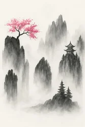 Japanskt bergslandskap med ett sakuraträd och ett tempel
