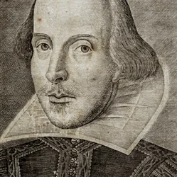 Detalj av porträtt av William Shakespeare på framsidan av Comedies, histories,  t...