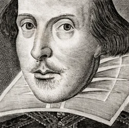 Detalj av porträtt av William Shakespeare på framsidan av Comedies, histories,  t...
