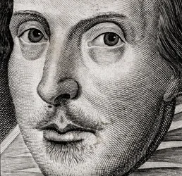 Detalj av porträtt av William Shakespeare på framsidan av Comedies, histories,  t...