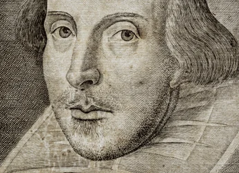 Detalj av porträtt av William Shakespeare på framsidan av Comedies, histories,  t...