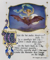 Illuminerad sida från en bok med Shakespeare-sonetter som visar en scen ur Stormen