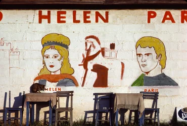 Väggmålning på Helen av Trojas kafé i Troja, Turkiet