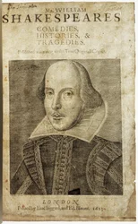 Porträtt av William Shakespeare på framsidan av Comedies, histories,  tragedies i...