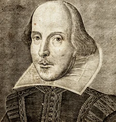 Porträtt av William Shakespeare på framsidan av Comedies, histories,  tragedies i...