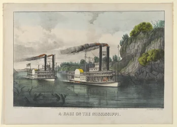 A Race on the Mississippi, 1870., 1870. Skapare: Nathaniel Currier, James Merritt Ives, Currier och Ives.