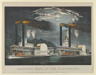 Midnattsloppet på Mississippi, 1875., 1875. Skapare: Nathaniel Currier, James Merritt Ives, Currier och Ives.
