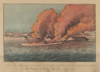 Fantastisk strid mellan Monitor 2 Guns & Merrimac 11 Guns - In Hampton Roads March..., 1862. Skapare: Nathaniel Currier, James Merritt Ives, Currier och Ives.