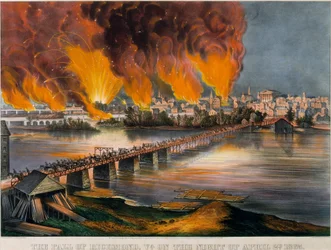 Fallet i Richmond, Virginia, natten till den 2 april 1865, 1865, 1865. Skapare: Nathaniel Currier, James Merritt Ives, Currier och Ives.