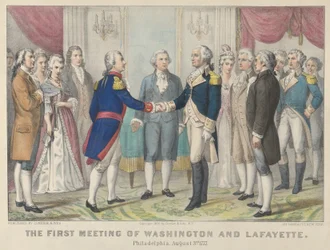 Det första mötet mellan Washington och Lafayette—Philadelphia, 3 augusti 1777, 1876, 1876. Skapare: Nathaniel Currier, James Merritt Ives, Currier och Ives.
