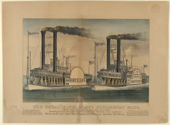The Great Mississippi Steamboat Race-Från New Orleans till St. Louis, juli 1870-Mellan t..., 1872-74. Skapare: Nathaniel Currier, James Merritt Ives, Currier och Ives.
