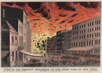 Vy över den fruktansvärda explosionen vid den stora branden i New York. Från Broad St. - 19 juli 1845
