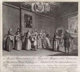 En exakt representation av den form och det sätt på vilket utsatta och övergivna barn tas in på Foundling Hospital, 1749.