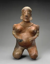 Knästående gravid kvinna, 300 BC-AD 300 (lergods med slip)