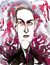 Den amerikanske skräck- och science fiction-författaren Howard Phillips Lovecraft (1890-1937); karikatyr