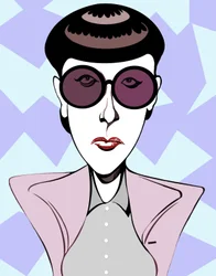 Edith Head, amerikansk kostymdesigner (1907-1981), färgkarikatyr med mörka glasögon.