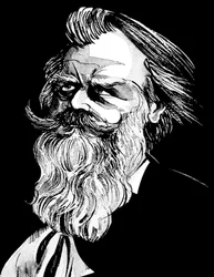Johannes Brahms, tysk kompositör (1833-97), gråtonad akvarellkarikatyr