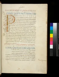 Ms 394.1. Plinius den äldre, Historia naturalis, f.1r. Upplyst initial [P] med dekor av vit vinstockar (oavslutad), Neapel, mitten av 1400-talet, ca 1442 (pergament)