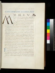 Ms 394.1. Plinius den äldre, Historia naturalis, f.26r. Penna initial [M] tillagd i det dedikerade utrymmet som lämnats tomt av dekoratören, Neapel, mitten av 1400-talet, ca 1442 (pergament)