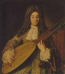 Porträtt av en musiker, förmodligen Petruccio, halvlångt, som spelar en teorbo