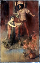 "En kvinna står på knä framför en kristallkula och bakom henne väntar en man med en blandning av rädsla och nyfikenhet. Målning av Nelly Erichsen (verksam ca 1882-1893) Privat samling