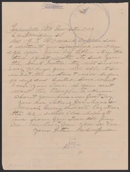 Brev från Nelson Jordan till Julia Womack med ett kuvert, 16 november 1909.