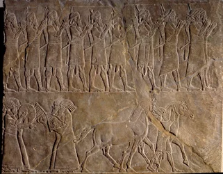 Musikerna från Army of Ashurbanipal. Lågrelief i kalksten omkring 640 f.Kr. (Neo-assyriska perioden, v.1000-612 f.Kr.). Upptäckt i Nineve, Mesopotamien. Louvren.