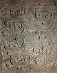 Mesopotamien under den nyassyriska eran (cirka 1000-612 f.Kr.): ”” Sjöexpedition, transport av virke från Libanon längs den feniciska kusten, lastning av båtar””” 800-talet f.Kr. Från Khorsabad (Khunsabad) Paris, Musee du Louvre