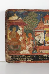 Detalj från ett buddhistiskt manuskriptomslag (ogenomskinlig wc på trä)