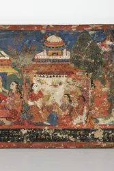 Detalj från ett buddhistiskt manuskriptomslag (ogenomskinlig wc på trä)