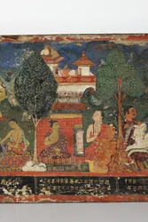 Detalj från ett buddhistiskt manuskriptomslag (ogenomskinlig wc på trä)