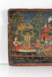 Detalj från ett buddhistiskt manuskriptomslag (ogenomskinlig wc på trä)
