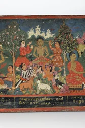 Detalj från ett buddhistiskt manuskriptomslag (ogenomskinlig wc på trä)