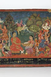 Detalj från ett buddhistiskt manuskriptomslag (ogenomskinlig wc på trä)