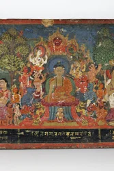 Detalj från ett buddhistiskt manuskriptomslag (ogenomskinlig wc på trä)