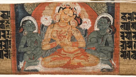 Folio 2r Goddess Prajnaparamita, från Astasahasrika Prajnaparamita (bläck & färger på palmblad och trä) (detalj av 430760)