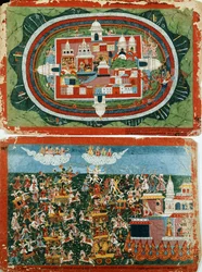 Krishna attackerar det ointagliga slottet Prag-jyoshita, för att återställa Aditi-ringarna, ca. 1775