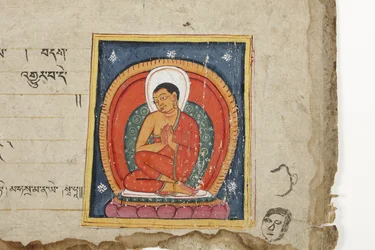 Sida från ett buddhistiskt manuskript, möjligen från Mahashitalanika, ca 1400 (ogenomskinlig wc & bläck på papper)