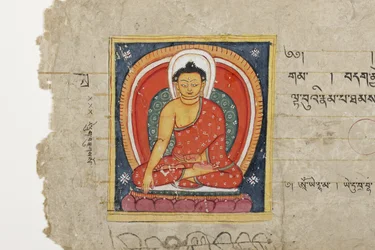 Sida från ett buddhistiskt manuskript, möjligen från Mahashitalanika, ca 1400 (täckande akvarell och bläck på papper)